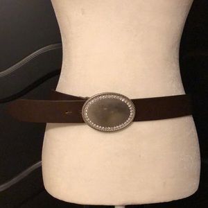 Brown Leather Belt Silver Buckle w Rhinestones